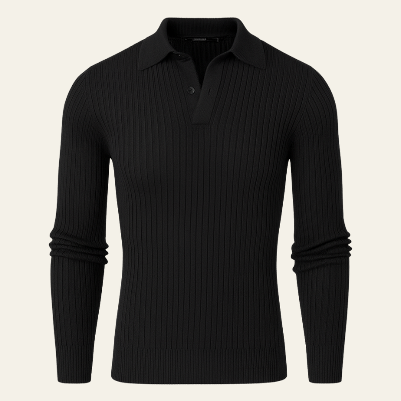 The Positano Ribbed Cotton Knit Polo in Black